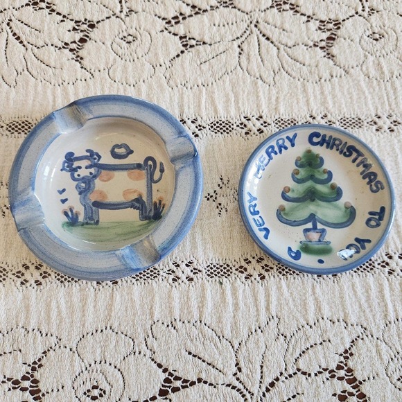 Other - Two Pieces Hadley Pottery, cow ashtray, Christmas plate